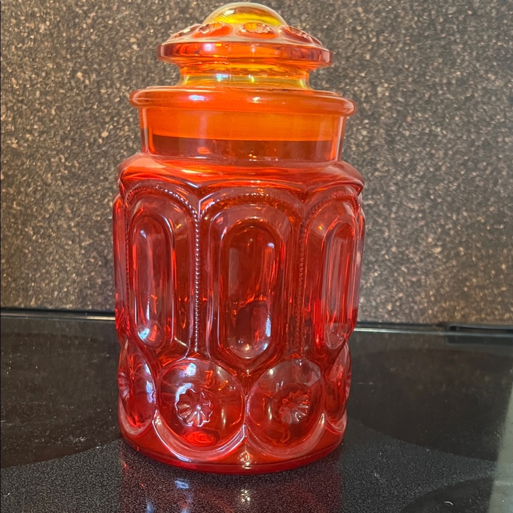 Vintage LE Smith Red and Orange Moon and Stars Glass Canister